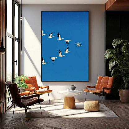 Elegant Minimalist Oil Painting of Geese in Flight against Vibrant Blue Sky