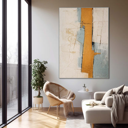 Contemporary Abstract Oil Painting with Warm Gold and Cool Blue Tones
