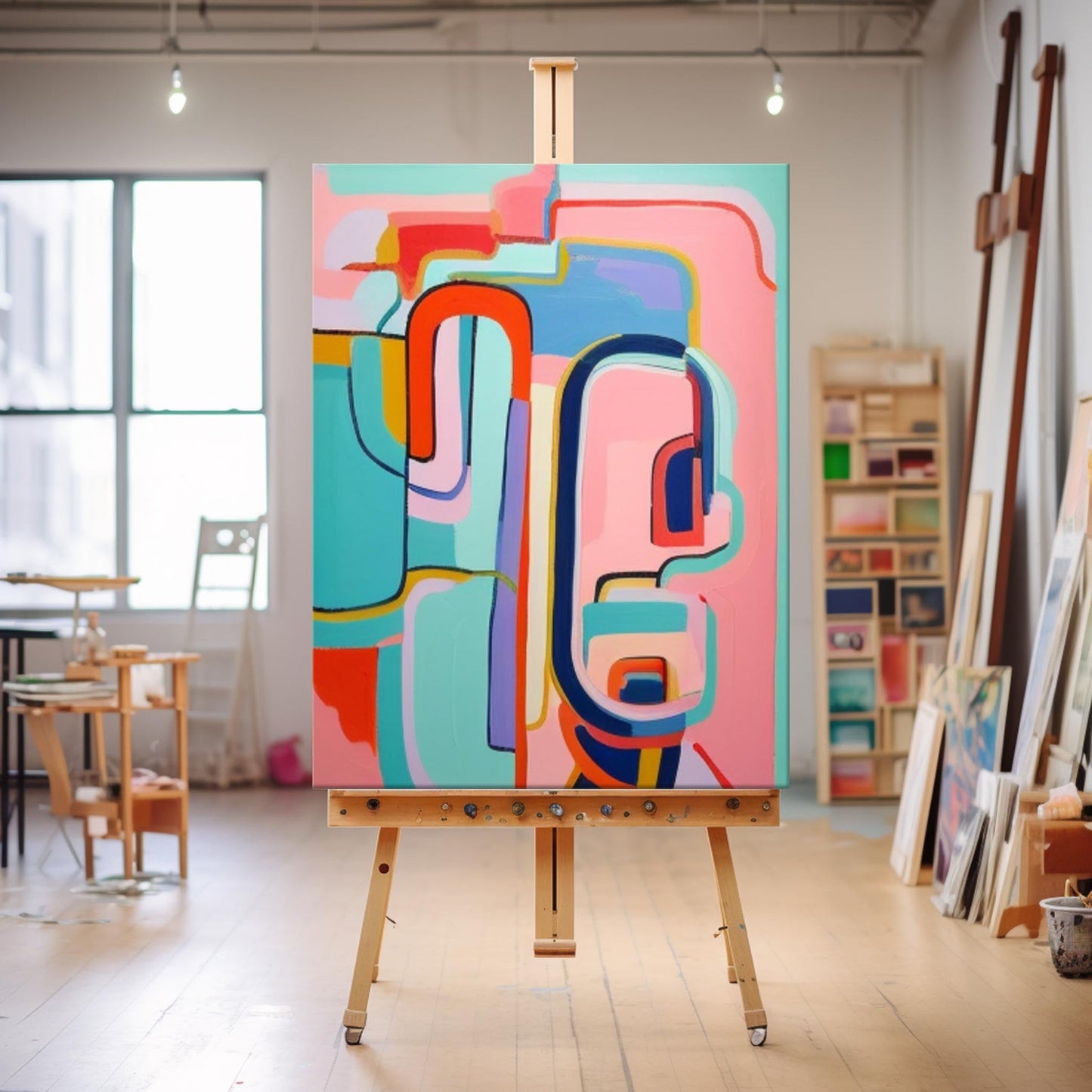 Vibrant Abstract Oil Painting with Colorful Geometric Shapes for Modern Decor