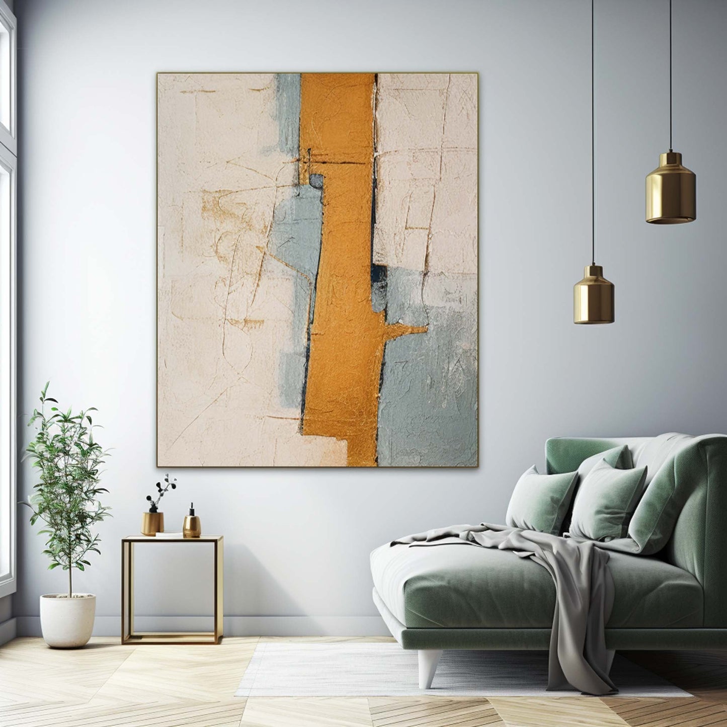 Contemporary Abstract Oil Painting with Warm Gold and Cool Blue Tones