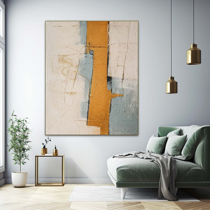 Contemporary Abstract Oil Painting with Warm Gold and Cool Blue Tones