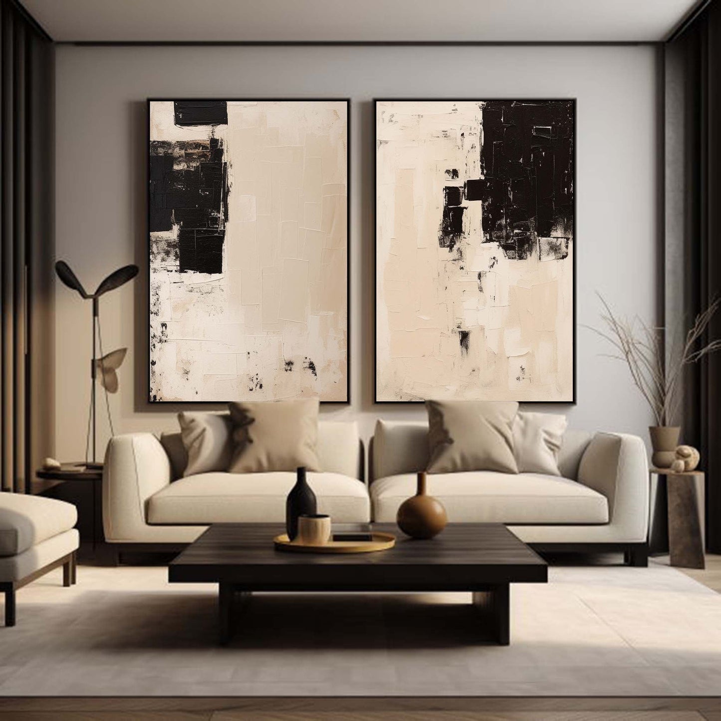Modern Minimalist Black and Beige Abstract Oil Painting for Contemporary Decor