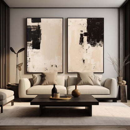 Modern Minimalist Black and Beige Abstract Oil Painting for Contemporary Decor