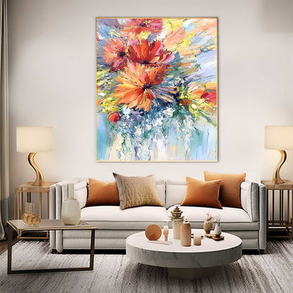Vibrant Floral Explosion: Colorful Oil Painting for Home Décor and Art Lovers