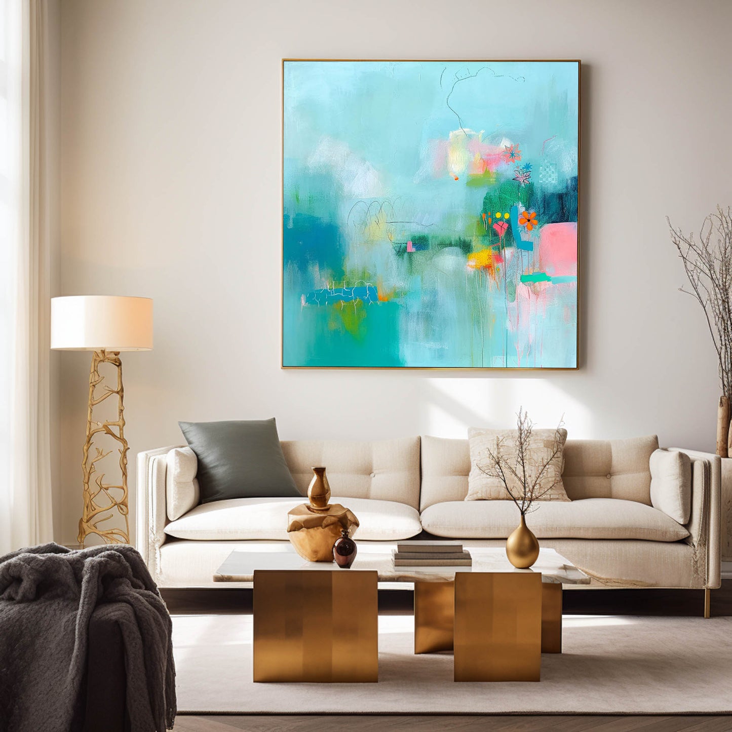 Vibrant Abstract Oil Painting with Flowers and Colorful Swirls for Modern Decor