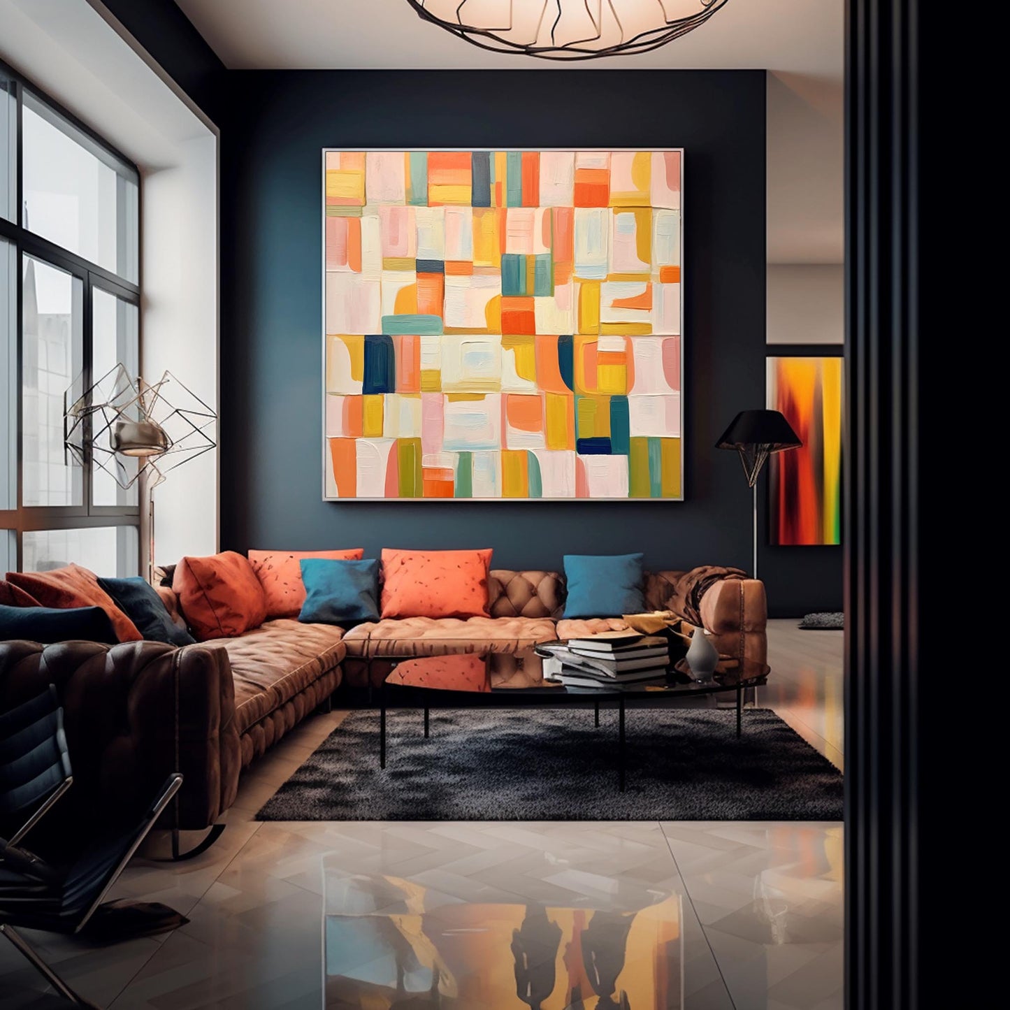 Vibrant Abstract Oil Painting with Colorful Geometric Patterns for Modern Decor