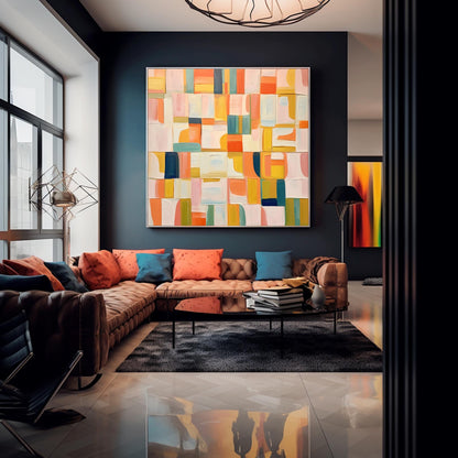 Vibrant Abstract Oil Painting with Colorful Geometric Patterns for Modern Decor