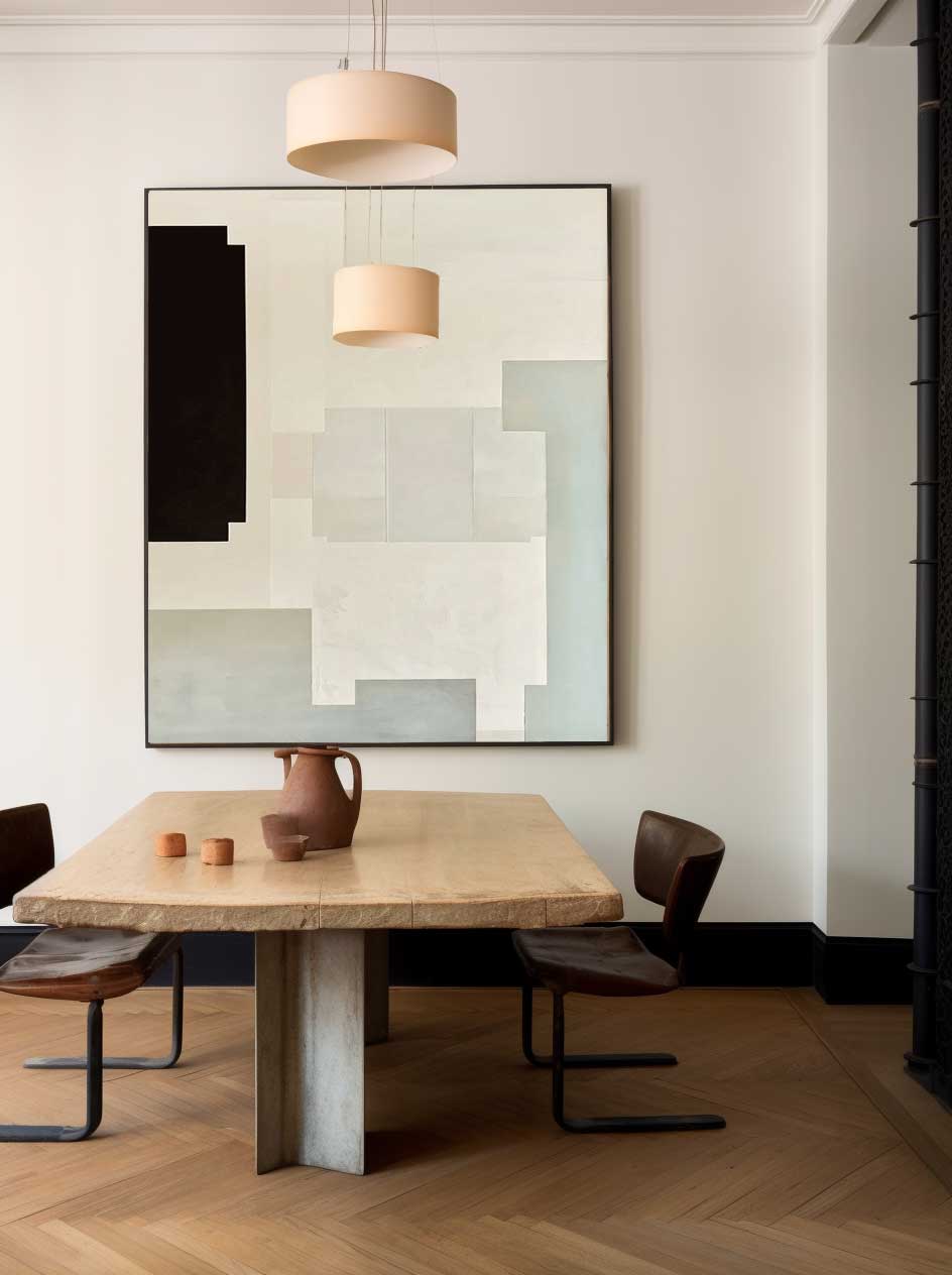 Abstract Geometric Oil Painting in Soft Neutrals for Modern Home Decor
