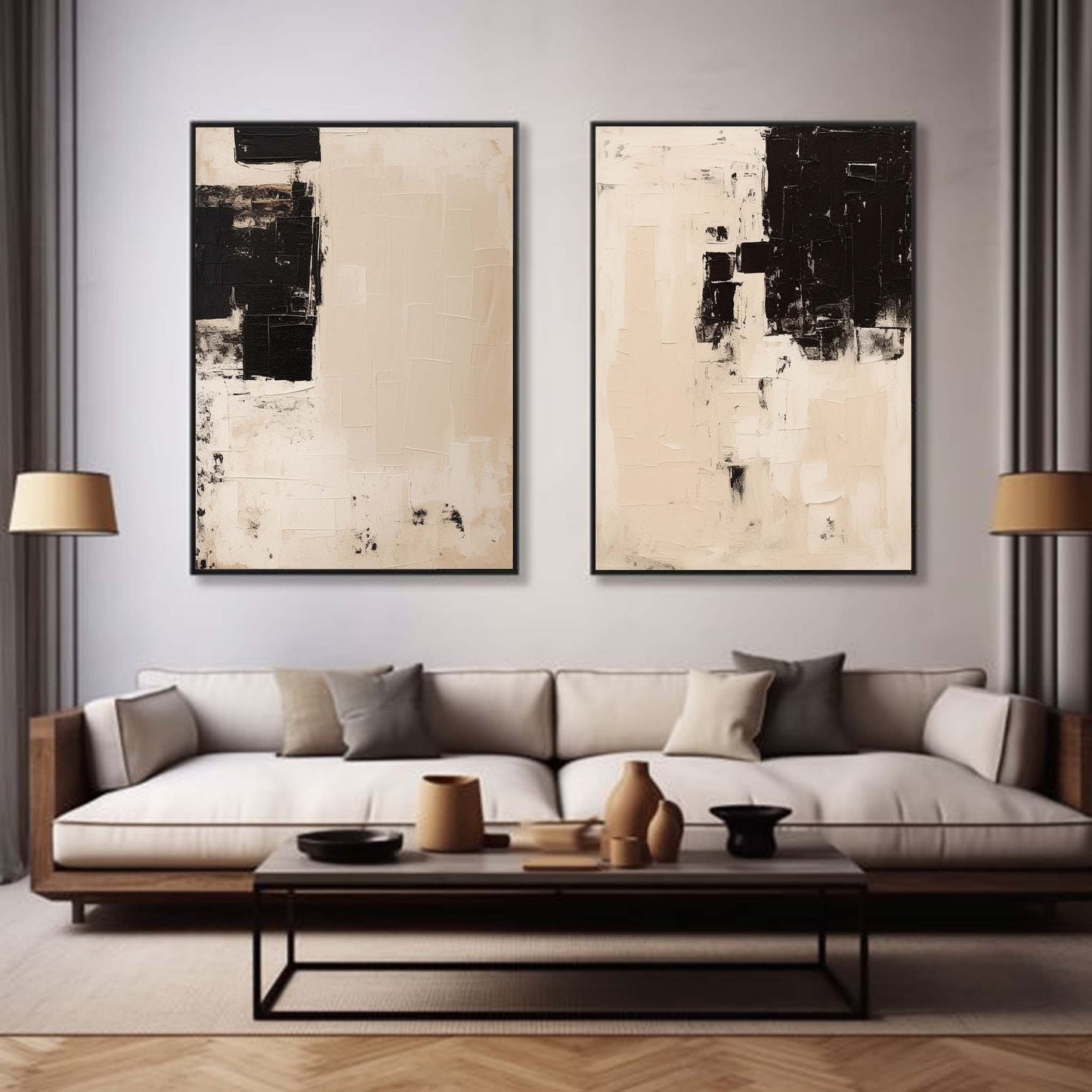 Modern Minimalist Black and Beige Abstract Oil Painting for Contemporary Decor