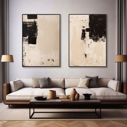 Modern Minimalist Black and Beige Abstract Oil Painting for Contemporary Decor