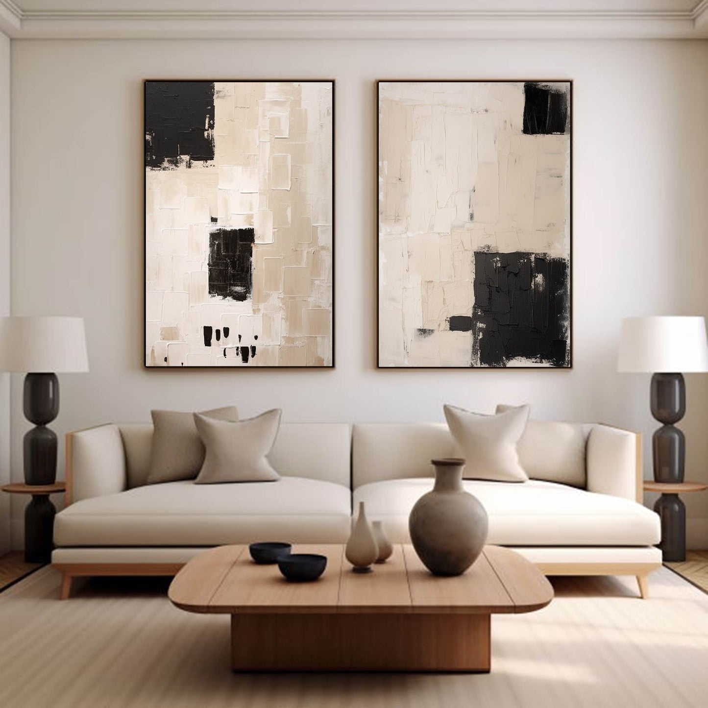 Modern Minimalist Black and White Abstract Oil Painting for Contemporary Decor