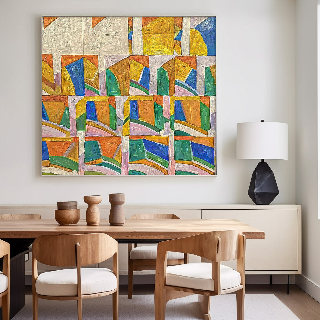 Vibrant Geometric Abstract Oil Painting for Modern Home Decor