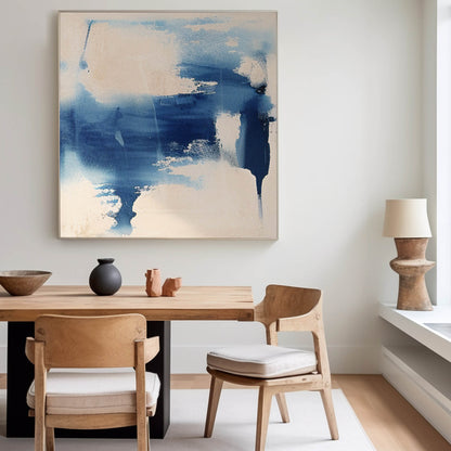 Contemporary Abstract Oil Painting in Blue and Cream for Modern Home Decor