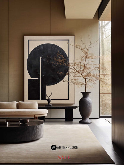 Bold Black Circle Modern Abstract Oil Painting for Contemporary Home Decor
