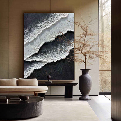 Monochrome Seascape Oil Painting with Textured Waves and Elegance