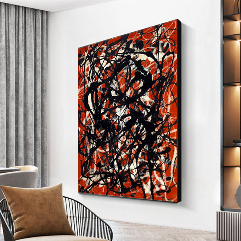 Abstract Oil Painting with Bold Red and Black Brush Strokes for Modern Decor