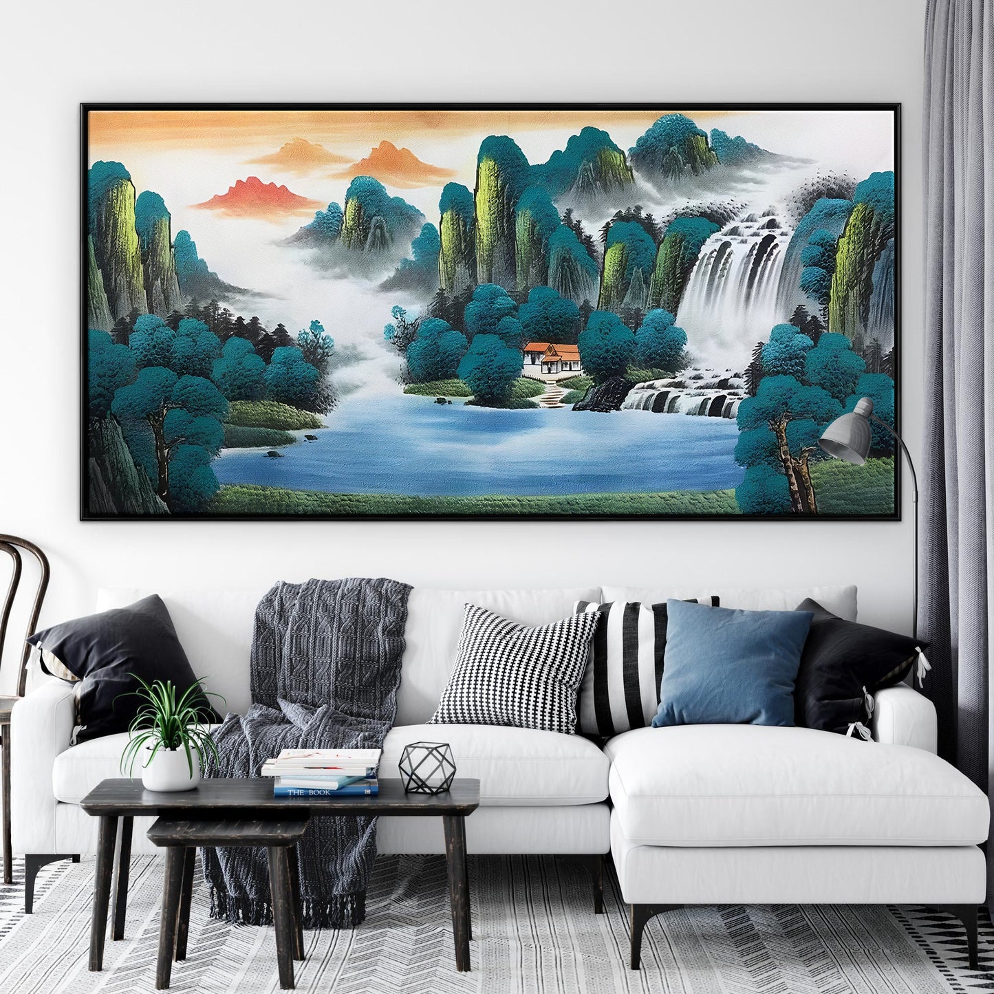 Tranquil Landscape Oil Painting with Waterfall and Serene Lake Scene