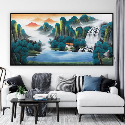 Tranquil Landscape Oil Painting with Waterfall and Serene Lake Scene