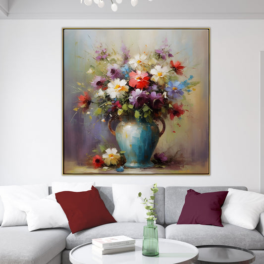 Vibrant Floral Oil Painting in Blue Vase for Bright Home Decor