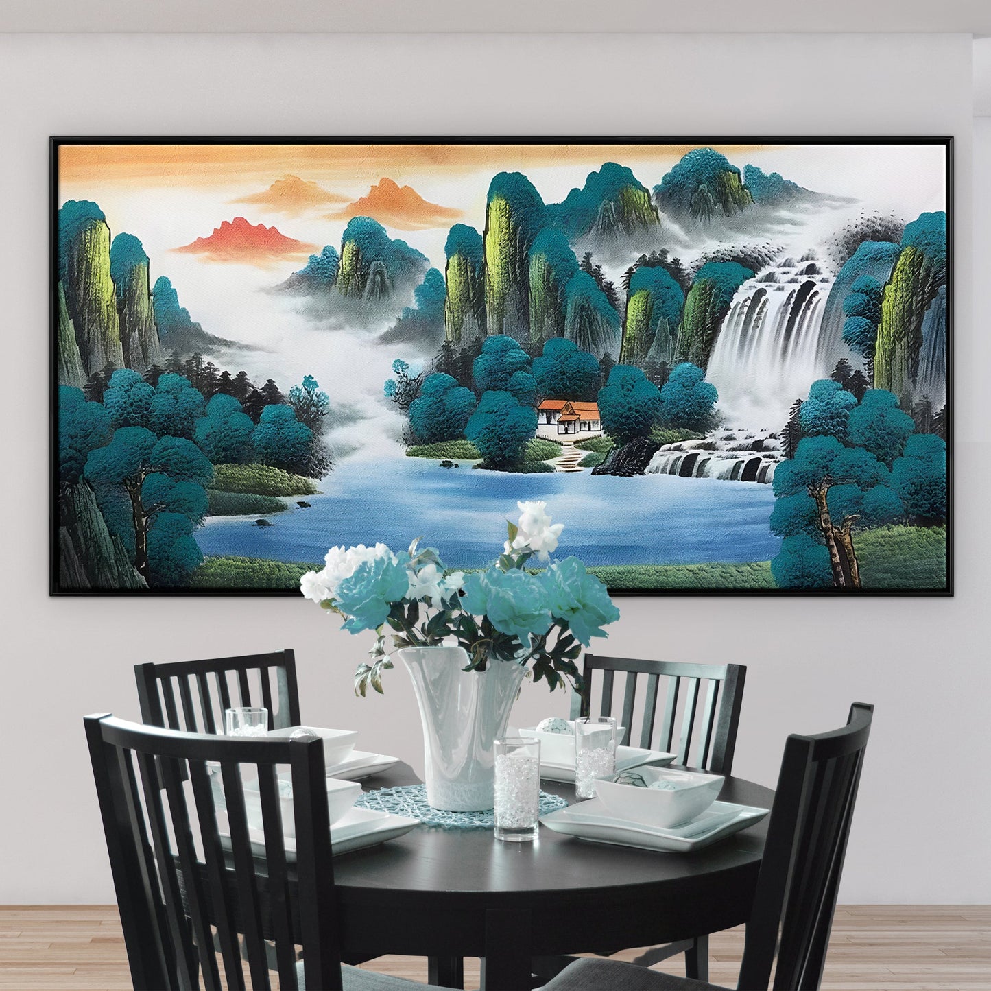 Tranquil Landscape Oil Painting with Waterfall and Serene Lake Scene