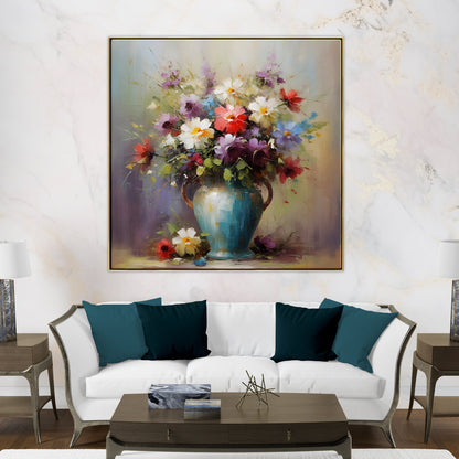 Vibrant Floral Oil Painting in Blue Vase for Bright Home Decor