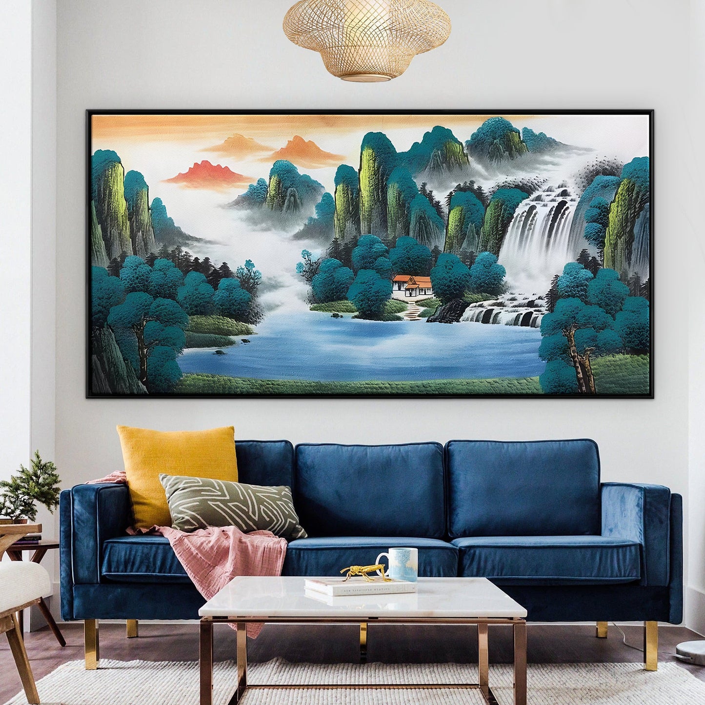 Tranquil Landscape Oil Painting with Waterfall and Serene Lake Scene