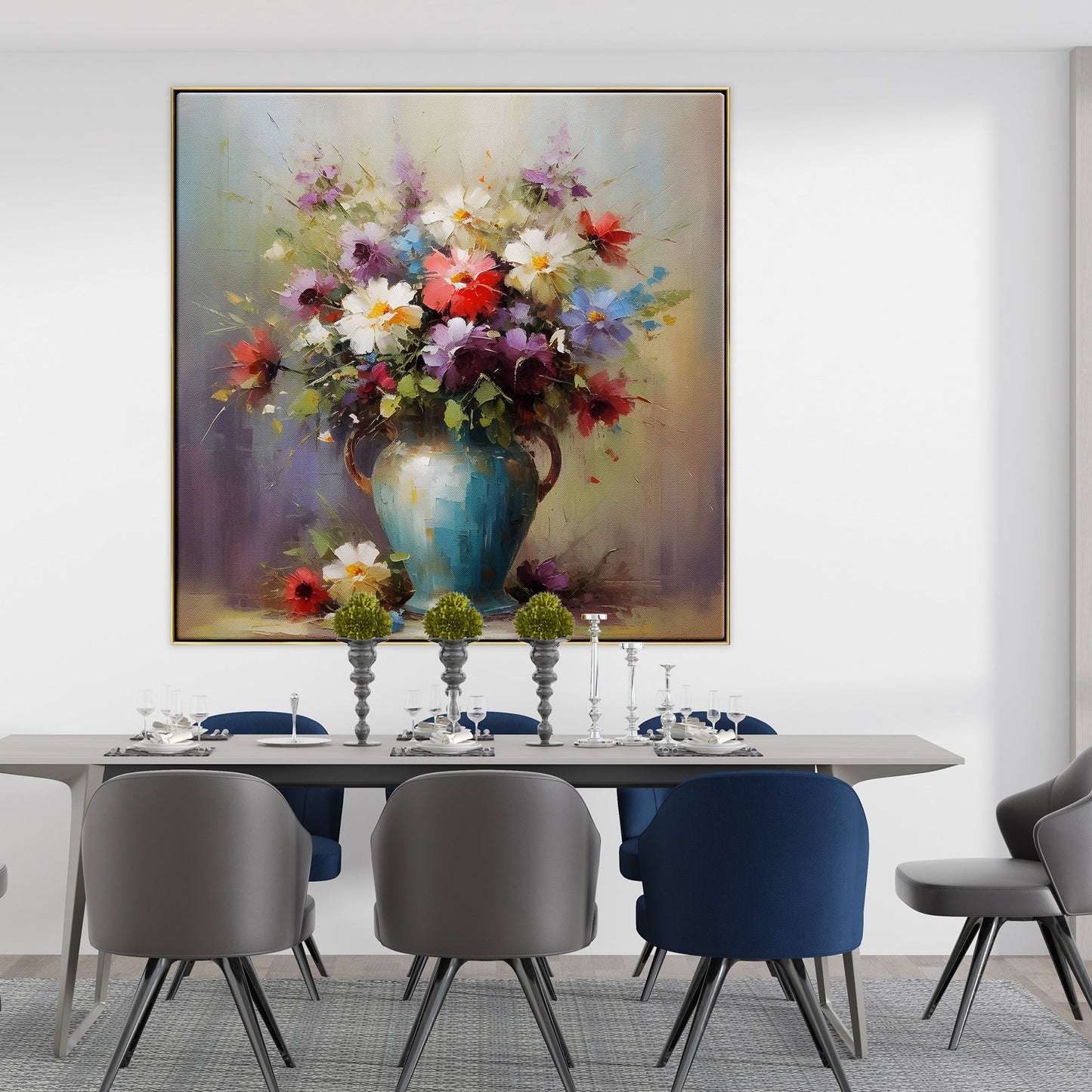 Vibrant Floral Oil Painting in Blue Vase for Bright Home Decor