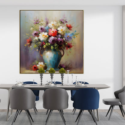 Vibrant Floral Oil Painting in Blue Vase for Bright Home Decor