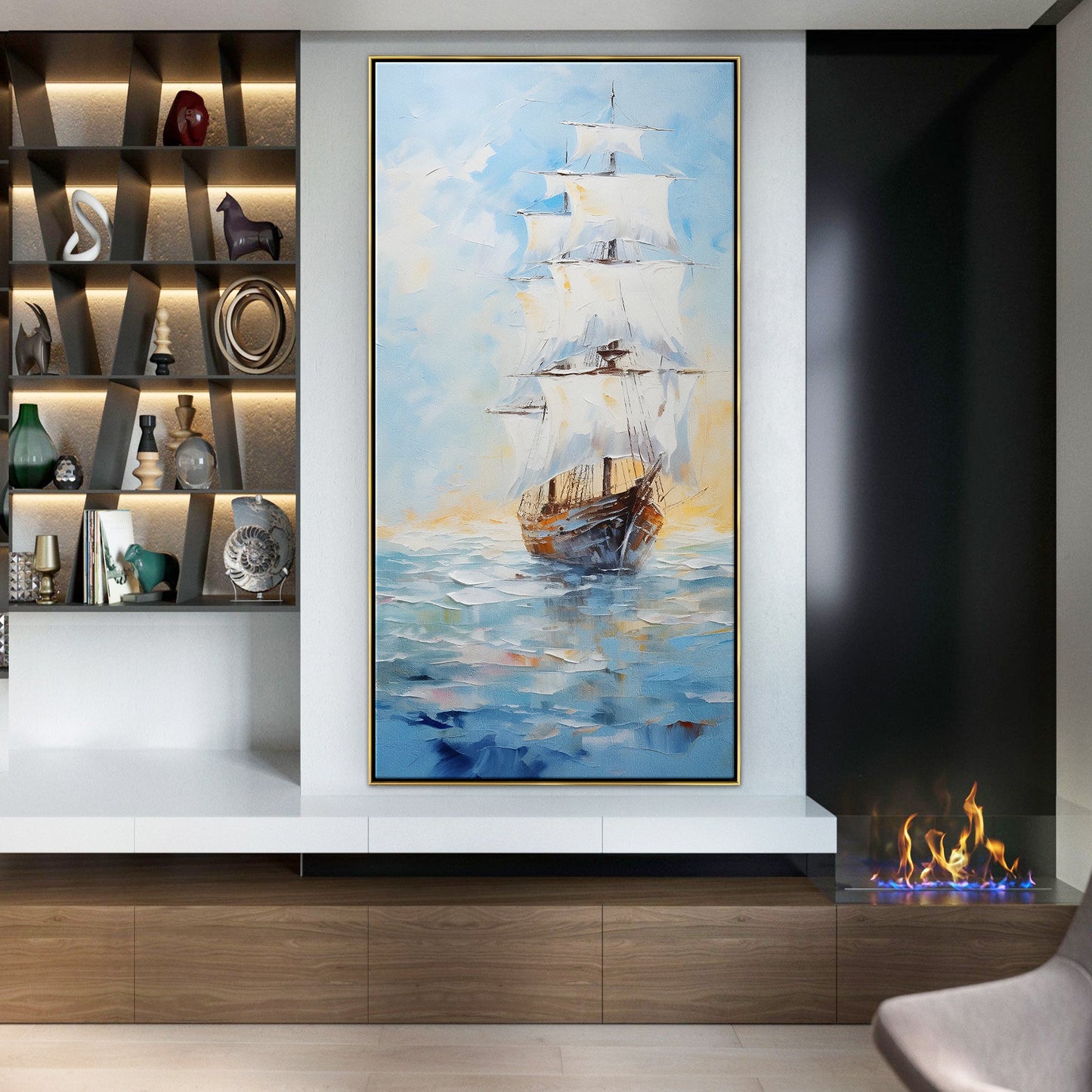 Majestic Sailing Ship on Tranquil Waters - Vibrant Oil Painting Art