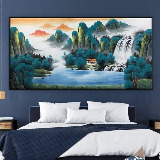 Tranquil Landscape Oil Painting with Waterfall and Serene Lake Scene
