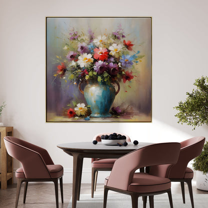 Vibrant Floral Oil Painting in Blue Vase for Bright Home Decor