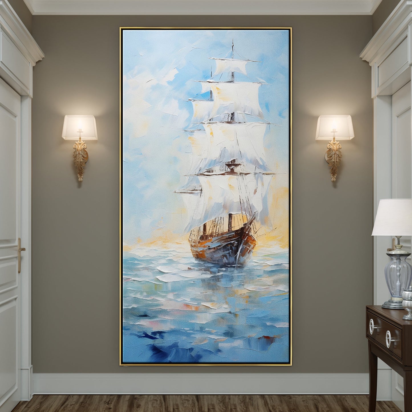 Majestic Sailing Ship on Tranquil Waters - Vibrant Oil Painting Art