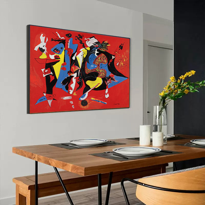 Vibrant Abstract Oil Painting of a Festive Celebration on Bold Red Canvas