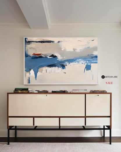 Contemporary Blue and White Abstract Oil Painting for Modern Home Décor