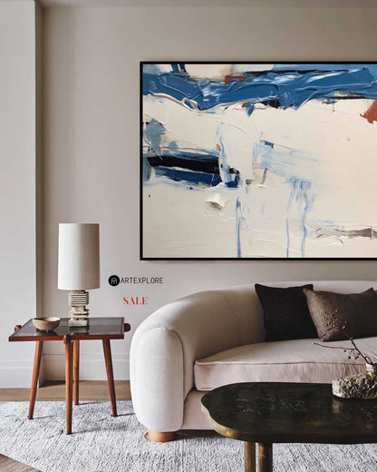 “Contemporary Blue and White Abstract Oil Painting for Modern Home Decor”