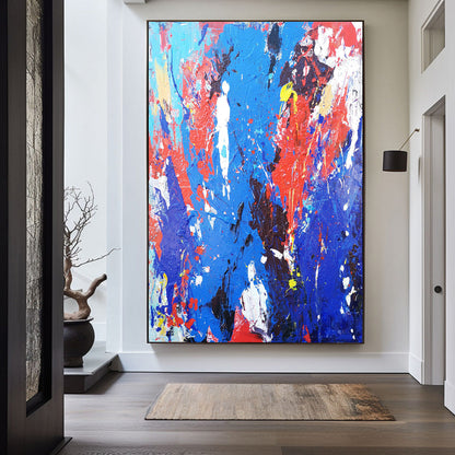 Vibrant Blue and Red Abstract Oil Painting for Modern Home Decor