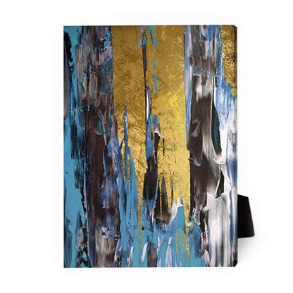 Vibrant Abstract Oil Painting with Gold Accent and Blue Hues for Modern Decor