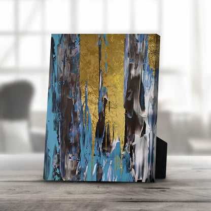 Vibrant Abstract Oil Painting with Gold Accent and Blue Hues for Modern Decor