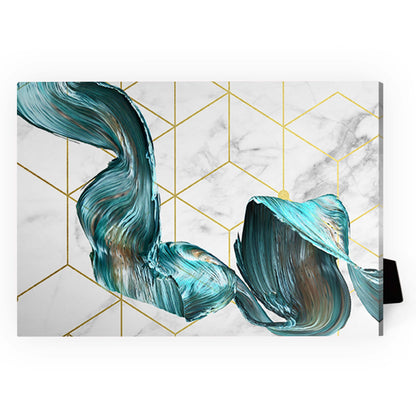 Elegant Abstract Geometric Oil Painting with Turquoise and Gold Accents