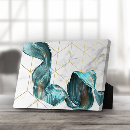 Elegant Abstract Geometric Oil Painting with Turquoise and Gold Accents