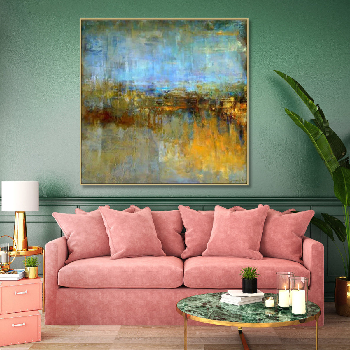 Elegant Abstract Oil Painting in Gold and Blue for Modern Home Decor