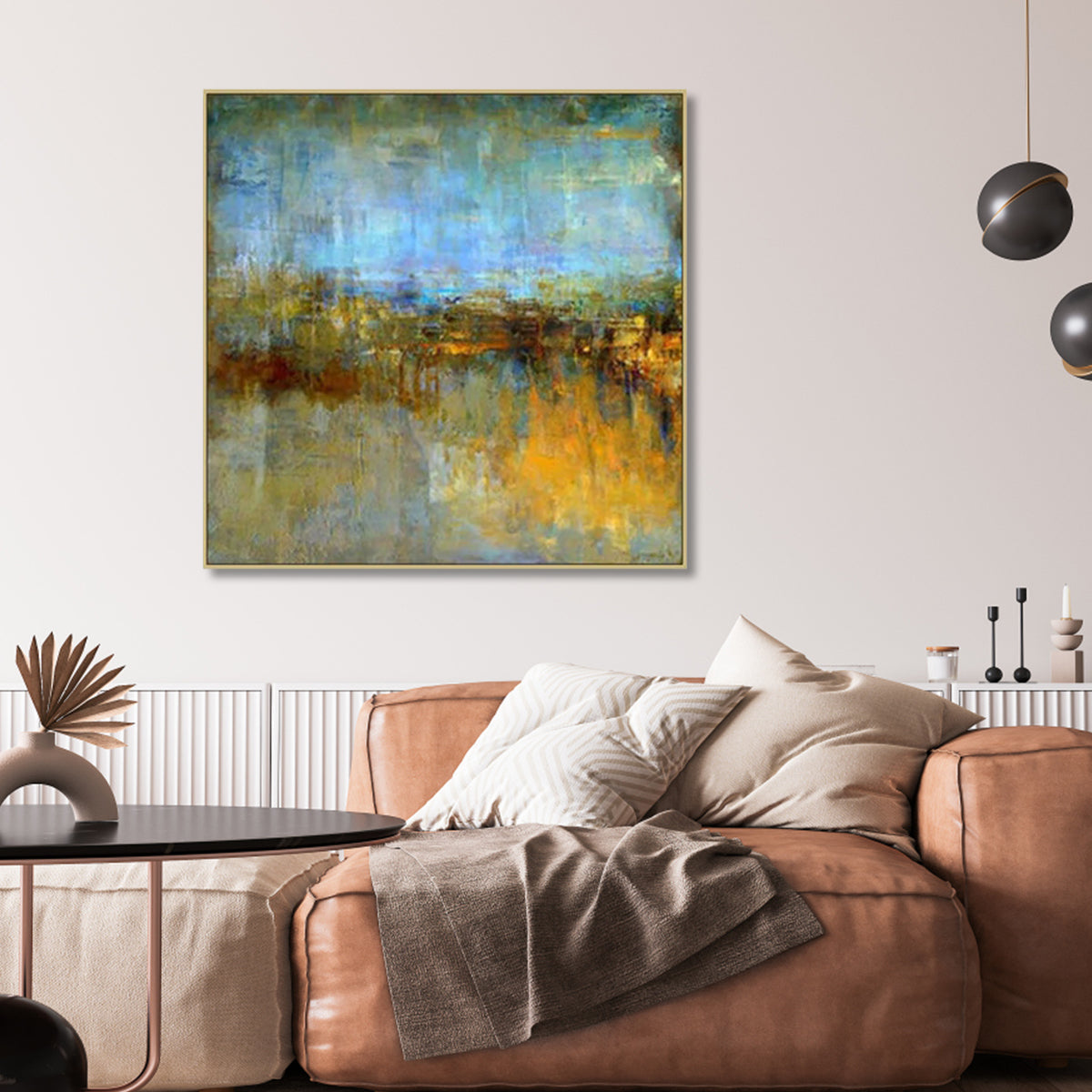 Elegant Abstract Oil Painting in Gold and Blue for Modern Home Decor