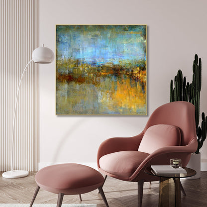 Elegant Abstract Oil Painting in Gold and Blue for Modern Home Decor