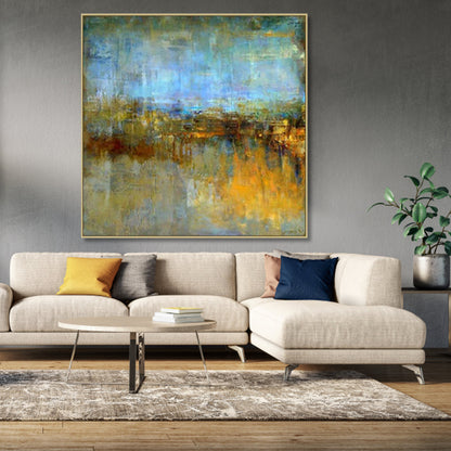 Elegant Abstract Oil Painting in Gold and Blue for Modern Home Decor