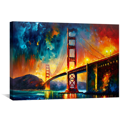 Vibrant Sunset Over Golden Gate Bridge Abstract Oil Painting