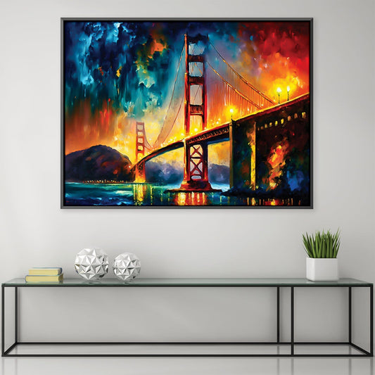 Vibrant Sunset Over Golden Gate Bridge Abstract Oil Painting