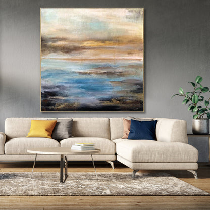 Serene Abstract Ocean Waves and Sky Horizon Oil Painting for Modern Decor