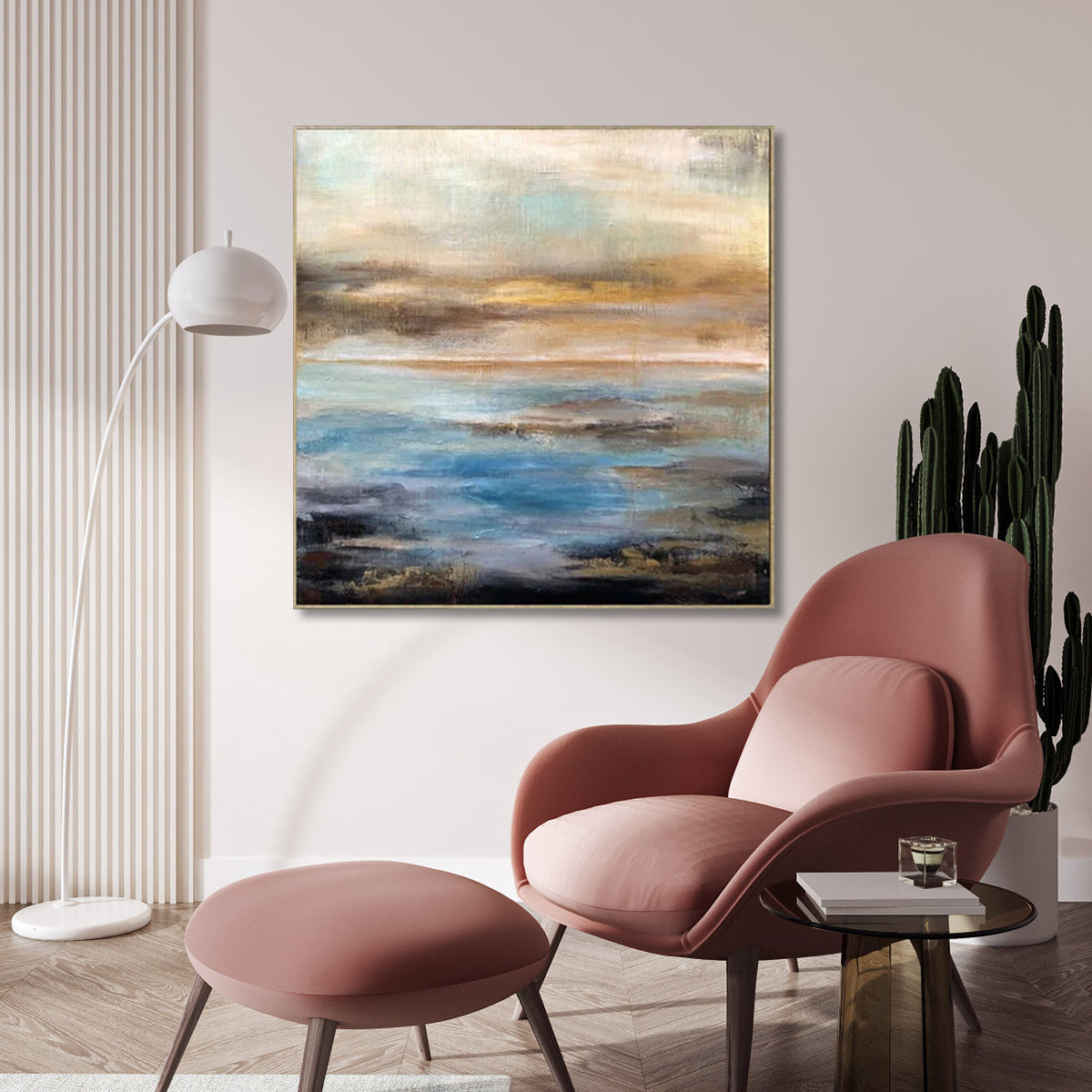 Serene Abstract Ocean Waves and Sky Horizon Oil Painting for Modern Decor