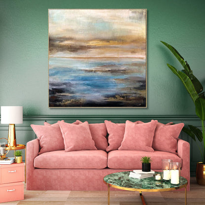 Serene Abstract Ocean Waves and Sky Horizon Oil Painting for Modern Decor