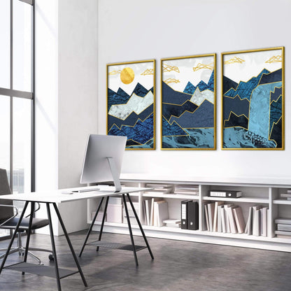 Tranquil Abstract Waterfall Landscape Painting with Majestic Mountains and Golden Accents